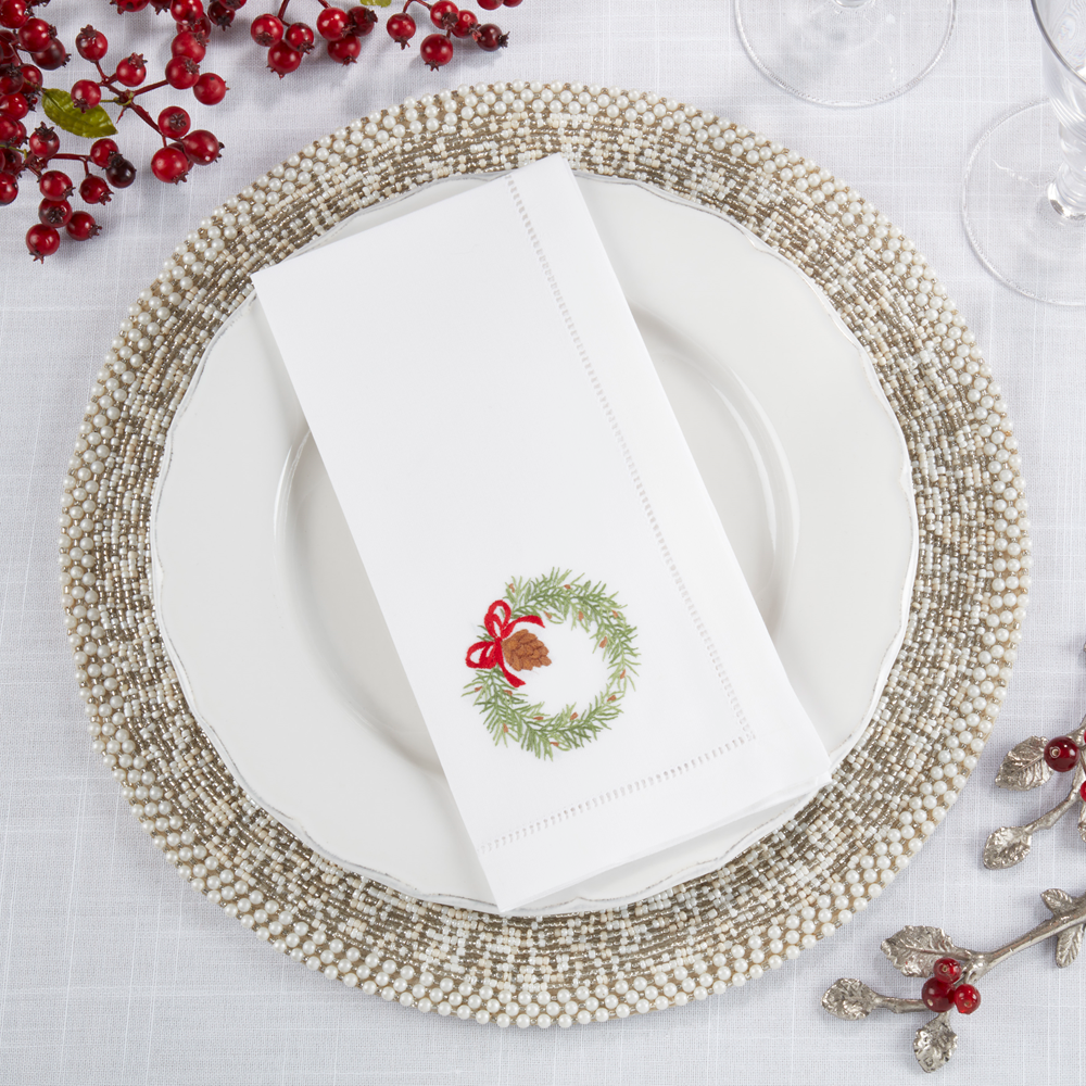 Embroidered Hemstitch Christmas Wreath Napkin